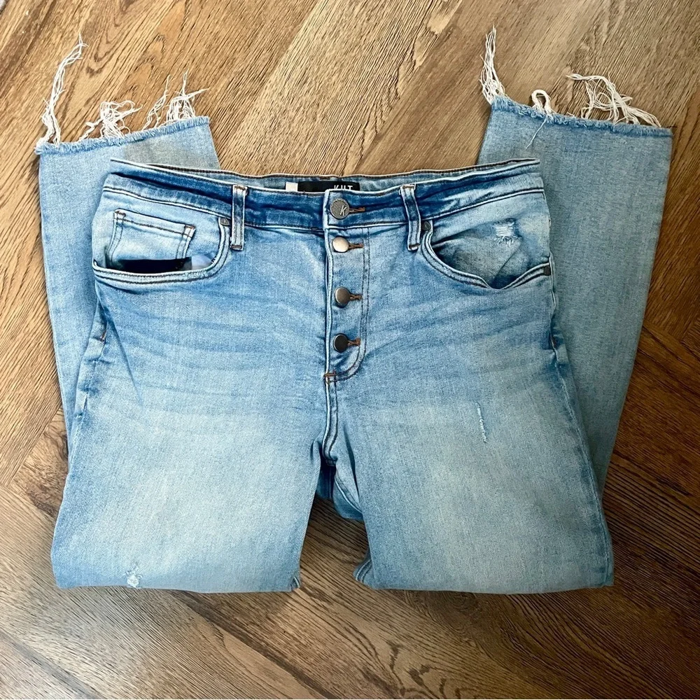 Kut From The Kloth High Rise Distressed Button Fly Jeans Blue 12 KP1392MA1 - Picture 3 of 12